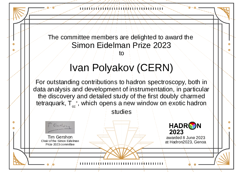 The committee members are delighted to award the Simon Eidelman Prize 2023 to Ivan Polyakov (CERN)