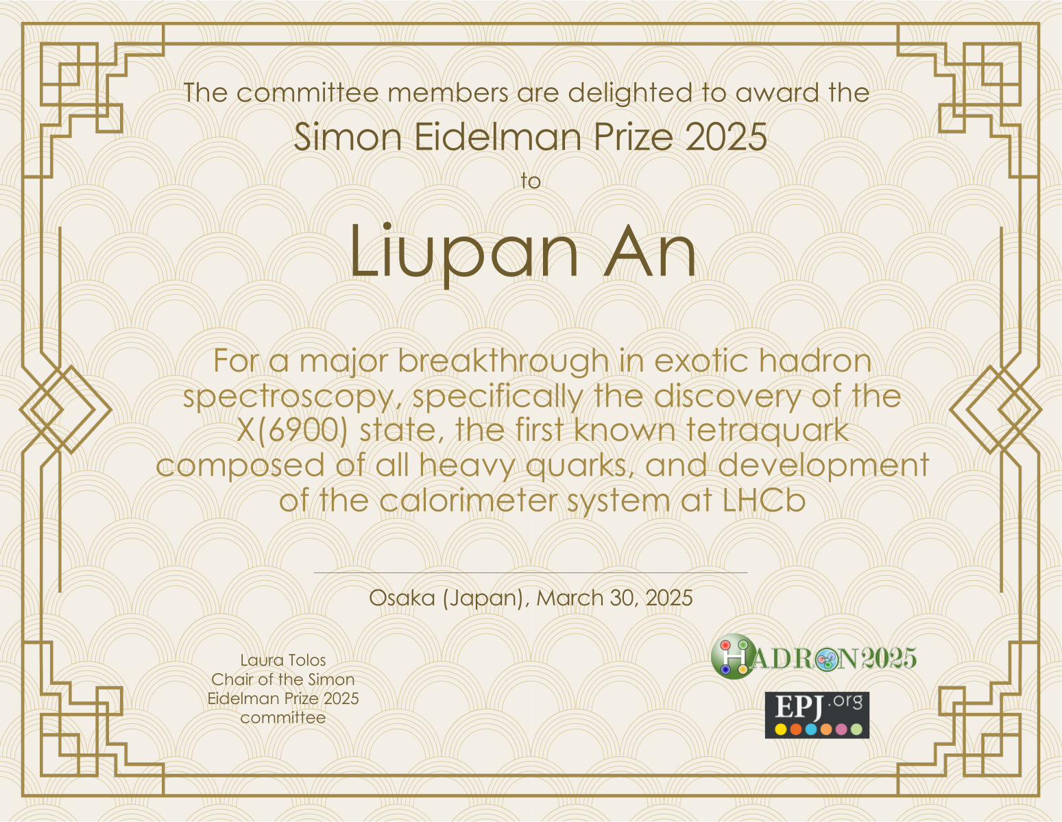 Simon Eidelman Prize 2025 certificate for Liupan An