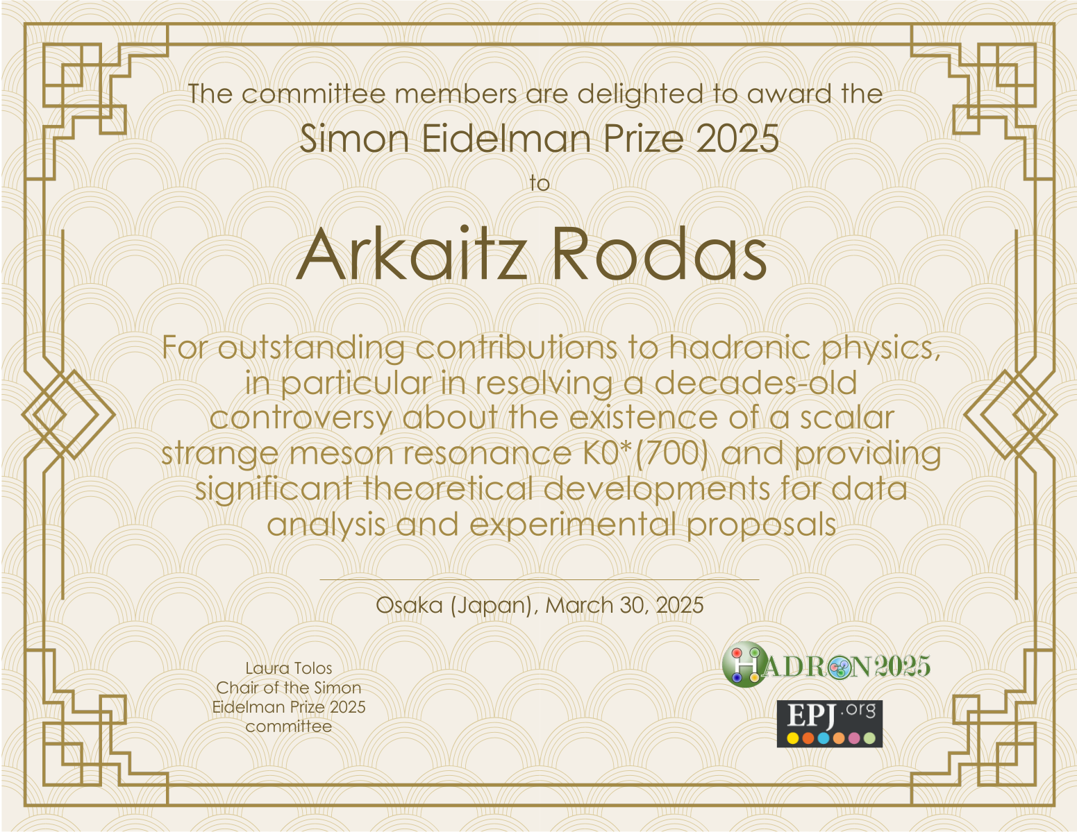 Simon Eidelman Prize 2025 certificate for Arkaitz Rodas